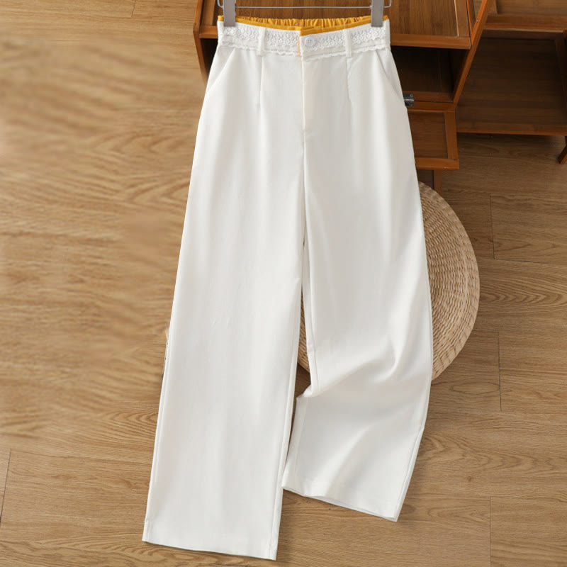 Pantalones anchos de lino y algodón para mujer con diseño informal de cintura hueca y encaje Buddha Stones y bolsillos