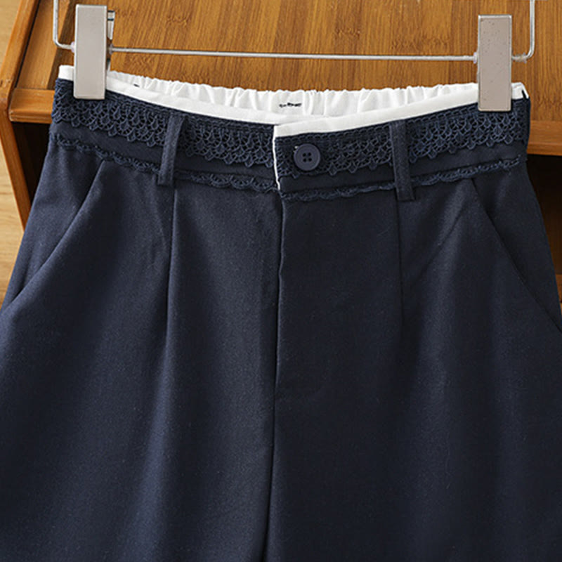 Pantalones anchos de lino y algodón para mujer con diseño informal de cintura hueca y encaje Buddha Stones y bolsillos