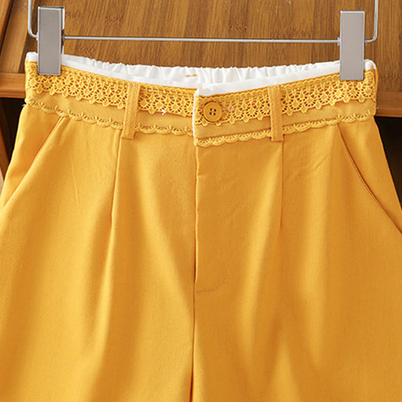 Pantalones anchos de lino y algodón para mujer con diseño informal de cintura hueca y encaje Buddha Stones y bolsillos