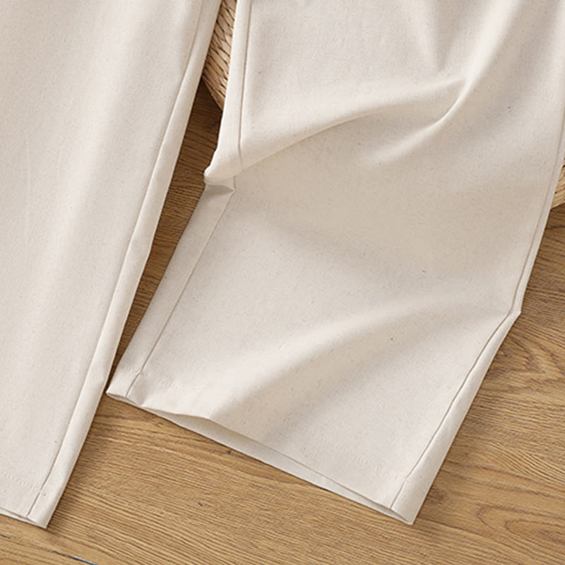 Pantalones anchos de lino y algodón para mujer con diseño informal de cintura hueca y encaje Buddha Stones y bolsillos