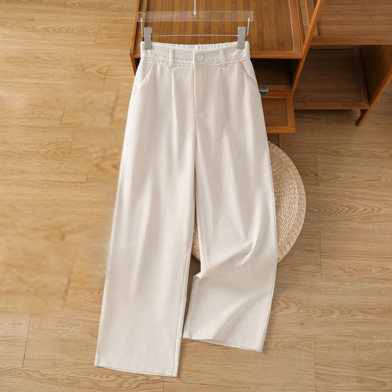 Pantalones anchos de lino y algodón para mujer con diseño informal de cintura hueca y encaje Buddha Stones y bolsillos