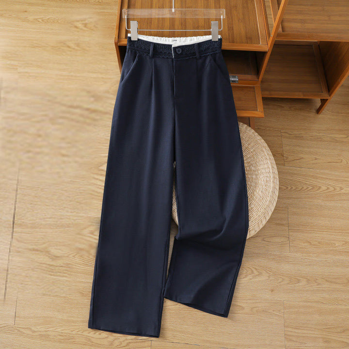Pantalones anchos de lino y algodón para mujer con diseño informal de cintura hueca y encaje Buddha Stones y bolsillos