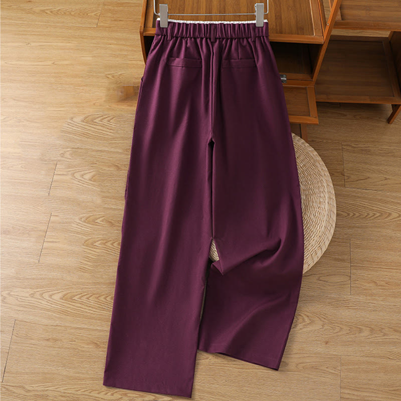 Pantalones anchos de lino y algodón para mujer con diseño informal de cintura hueca y encaje Buddha Stones y bolsillos