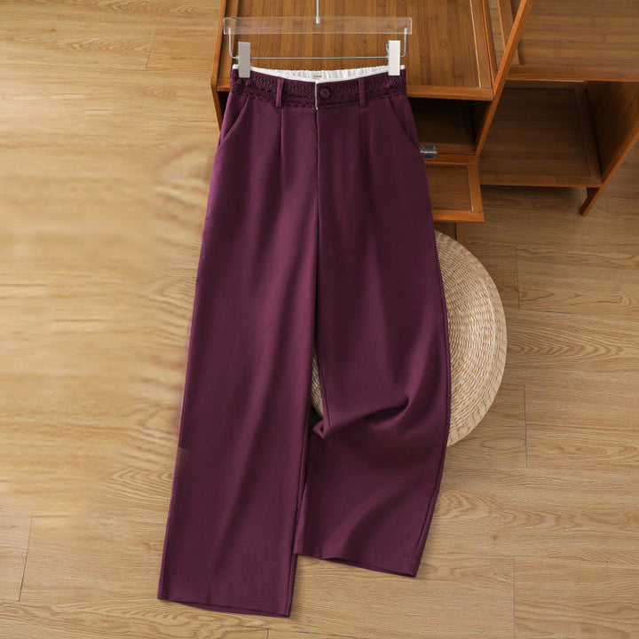 Pantalones anchos de lino y algodón para mujer con diseño informal de cintura hueca y encaje Buddha Stones y bolsillos