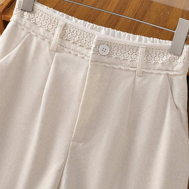 Pantalones anchos de lino y algodón para mujer con diseño informal de cintura hueca y encaje Buddha Stones y bolsillos