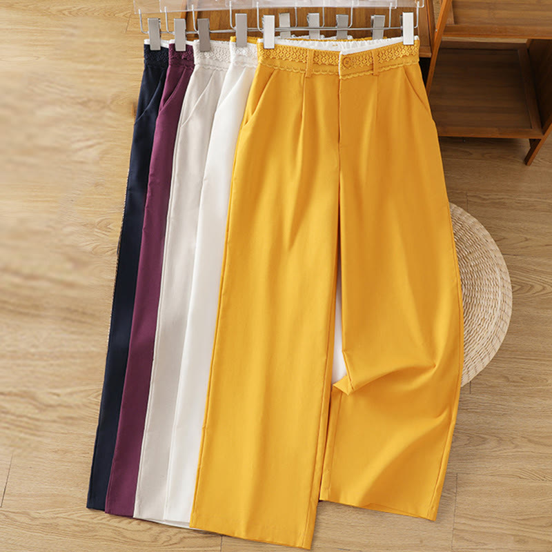 Pantalones anchos de lino y algodón para mujer con diseño informal de cintura hueca y encaje Buddha Stones y bolsillos