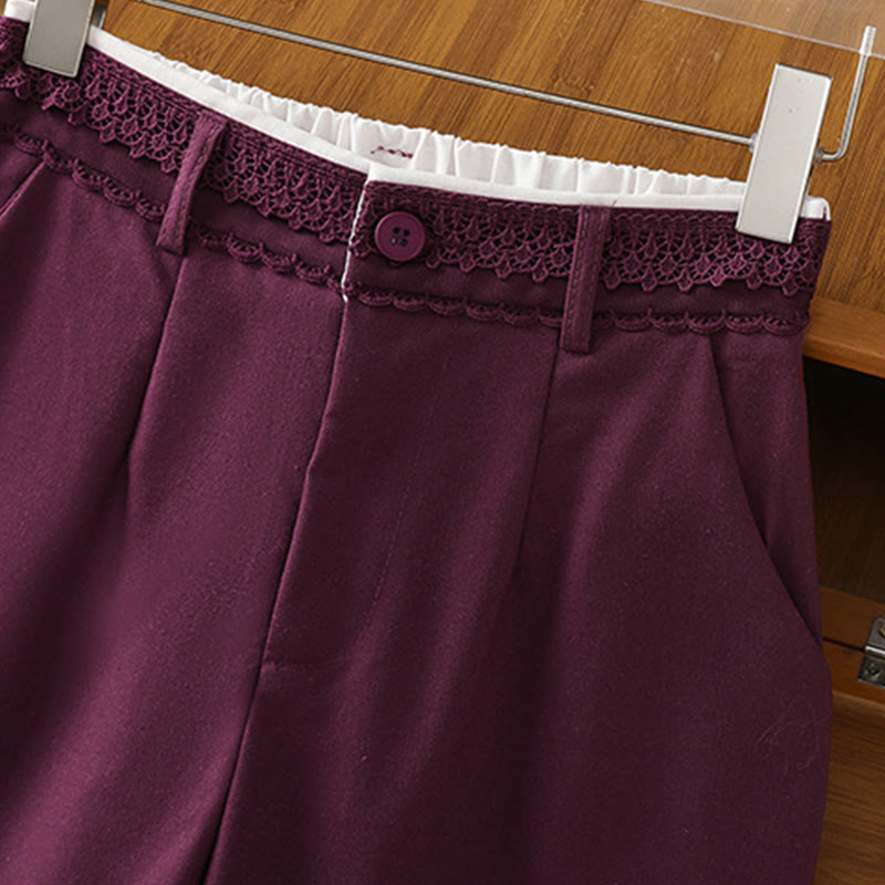 Pantalones anchos de lino y algodón para mujer con diseño informal de cintura hueca y encaje Buddha Stones y bolsillos