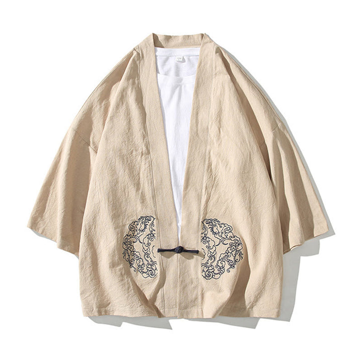 Chaqueta tipo kimono de manga larga de lino y algodón para hombre, con diseño de rana china y botones, con frente abierto y Buddha Stones - image 13