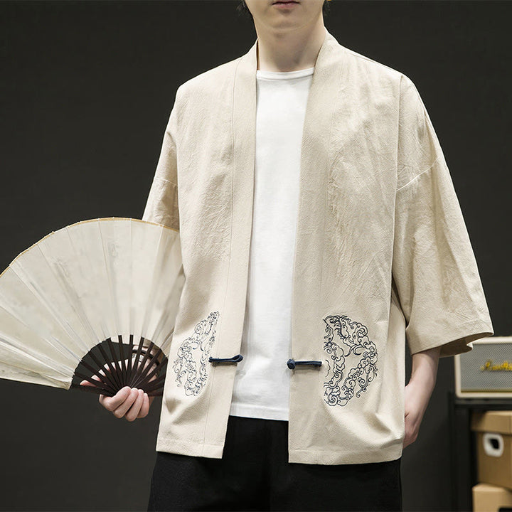 Chaqueta tipo kimono de manga larga de lino y algodón para hombre, con diseño de rana china y botones, con frente abierto y Buddha Stones - image 10
