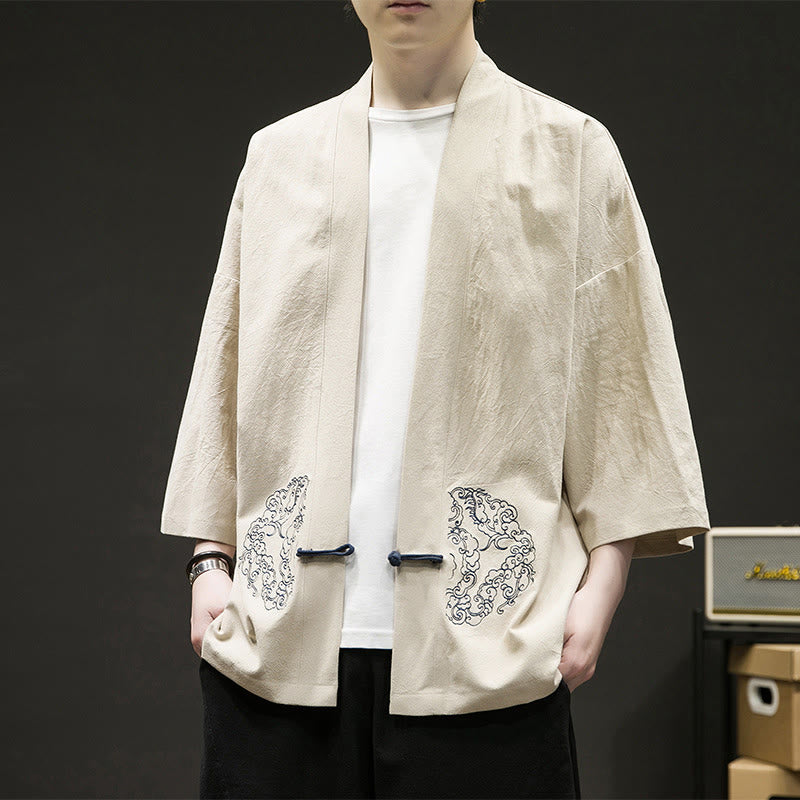 Chaqueta tipo kimono de manga larga de lino y algodón para hombre, con diseño de rana china y botones, con frente abierto y Buddha Stones - Beige - US/UK/AU46, EU56 (5XL) - image 9