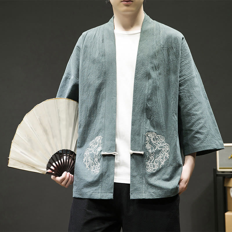 Chaqueta tipo kimono de manga larga de lino y algodón para hombre, con diseño de rana china y botones, con frente abierto y Buddha Stones - Verde mar claro - US/UK/AU46, EU56 (5XL) - image 5