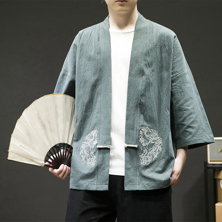 Chaqueta tipo kimono de manga larga de lino y algodón para hombre, con diseño de rana china y botones, con frente abierto y Buddha Stones - Verde mar claro - US/UK/AU46, EU56 (5XL) - image 5