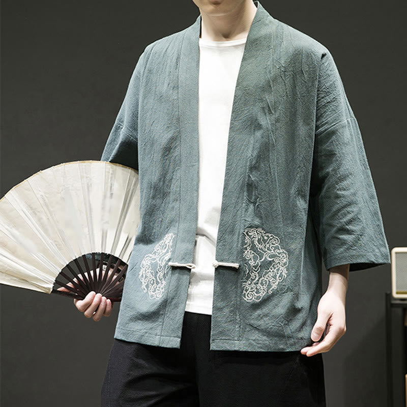 Chaqueta tipo kimono de manga larga de lino y algodón para hombre, con diseño de rana china y botones, con frente abierto y Buddha Stones - image 6