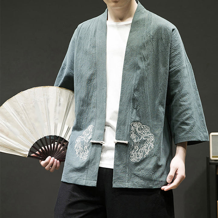 Chaqueta tipo kimono de manga larga de lino y algodón para hombre, con diseño de rana china y botones, con frente abierto y Buddha Stones - image 6