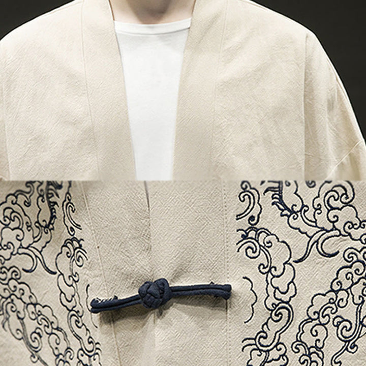 Chaqueta tipo kimono de manga larga de lino y algodón para hombre, con diseño de rana china y botones, con frente abierto y Buddha Stones - image 12
