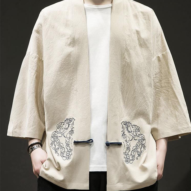 Chaqueta tipo kimono de manga larga de lino y algodón para hombre, con diseño de rana china y botones, con frente abierto y Buddha Stones - image 11
