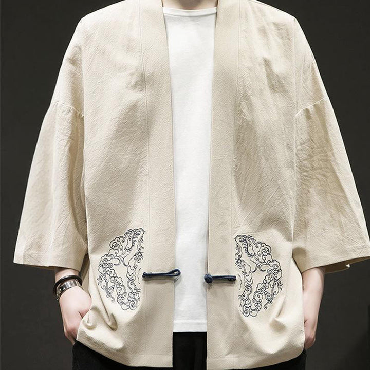 Chaqueta tipo kimono de manga larga de lino y algodón para hombre, con diseño de rana china y botones, con frente abierto y Buddha Stones - image 11