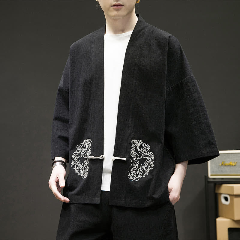 Chaqueta tipo kimono de manga larga de lino y algodón para hombre, con diseño de rana china y botones, con frente abierto y Buddha Stones - Negro - US/UK/AU46, EU56 (5XL) - image 1