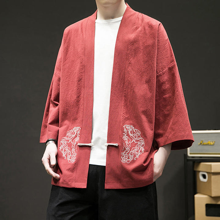 Chaqueta tipo kimono de manga larga de lino y algodón para hombre, con diseño de rana china y botones, con frente abierto y Buddha Stones - image 15