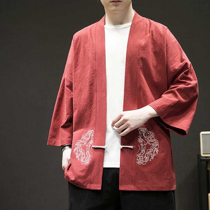 Chaqueta tipo kimono de manga larga de lino y algodón para hombre, con diseño de rana china y botones, con frente abierto y Buddha Stones - image 16