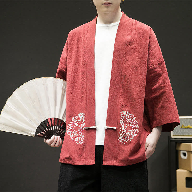 Chaqueta tipo kimono de manga larga de lino y algodón para hombre, con diseño de rana china y botones, con frente abierto y Buddha Stones - NaranjaRojo - US/UK/AU46, EU56 (5XL) - image 14