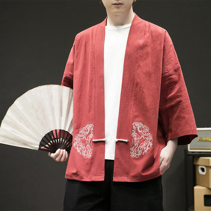 Chaqueta tipo kimono de manga larga de lino y algodón para hombre, con diseño de rana china y botones, con frente abierto y Buddha Stones - NaranjaRojo - US/UK/AU46, EU56 (5XL) - image 14