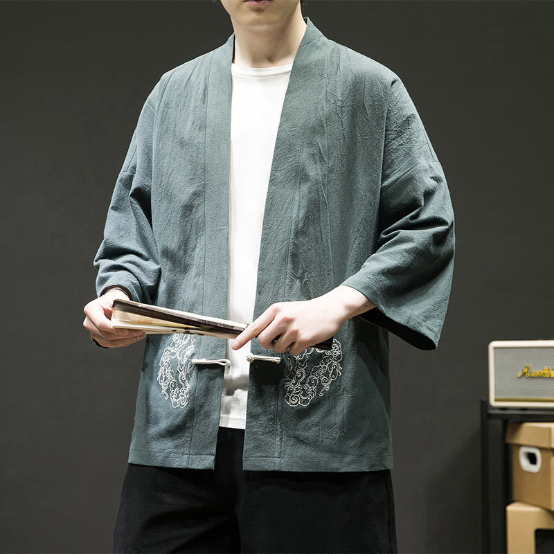 Chaqueta tipo kimono de manga larga de lino y algodón para hombre, con diseño de rana china y botones, con frente abierto y Buddha Stones - image 7