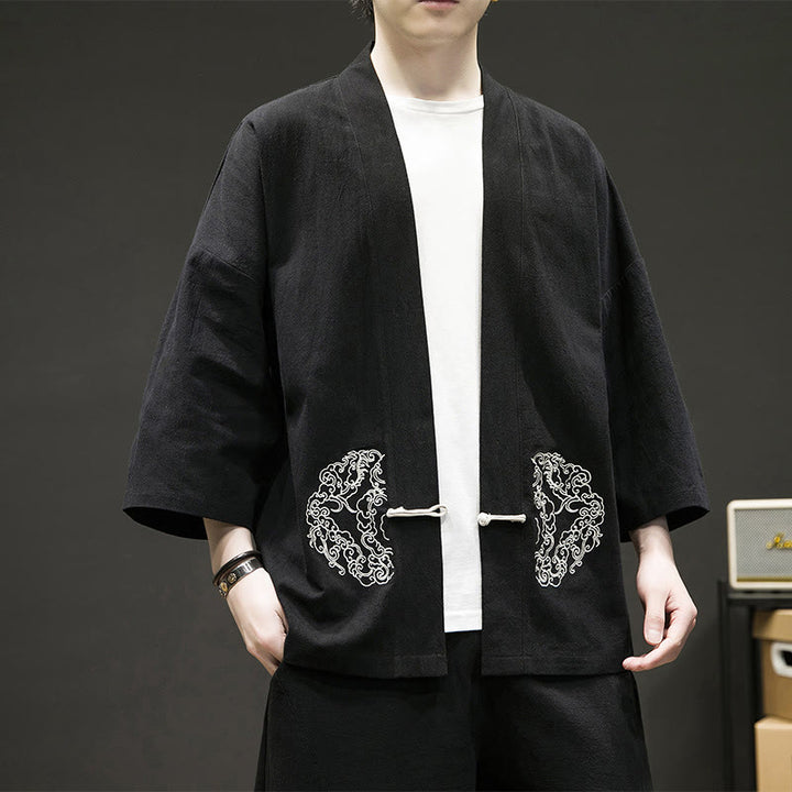 Chaqueta tipo kimono de manga larga de lino y algodón para hombre, con diseño de rana china y botones, con frente abierto y Buddha Stones - image 2