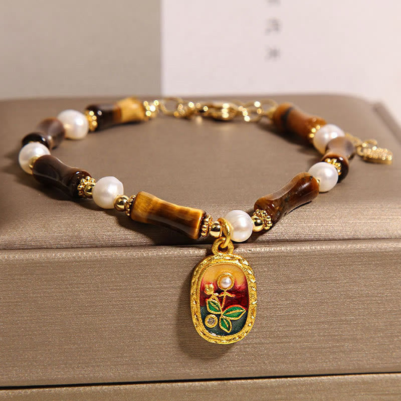 Pulsera de Buddha Stones con perla de ojo de tigre y bambú natural - image 3