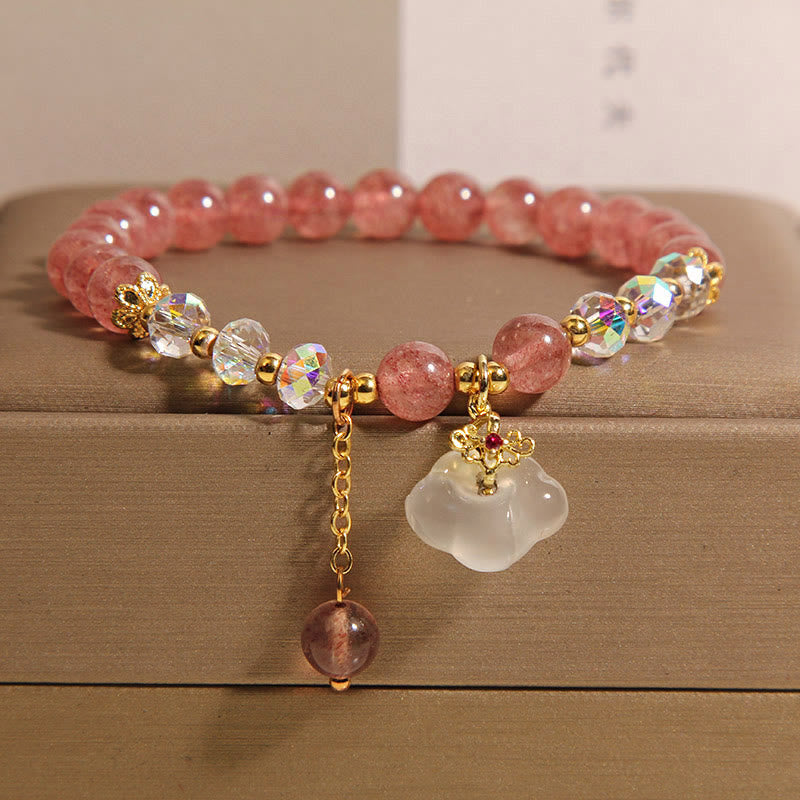 Pulsera positiva de Buddha Stones con nubes auspiciosas, cuarzo fresa, ágata blanca y cristal blanco - Cuarzo fresa (circunferencia de la muñeca: 16-18 cm) - image 1