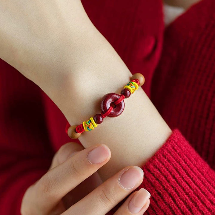 Pulsera de madera de melocotón con Buddha Stones, hilo rojo, hebilla de paz, protección de cinabrio para adultos y niños - image 4