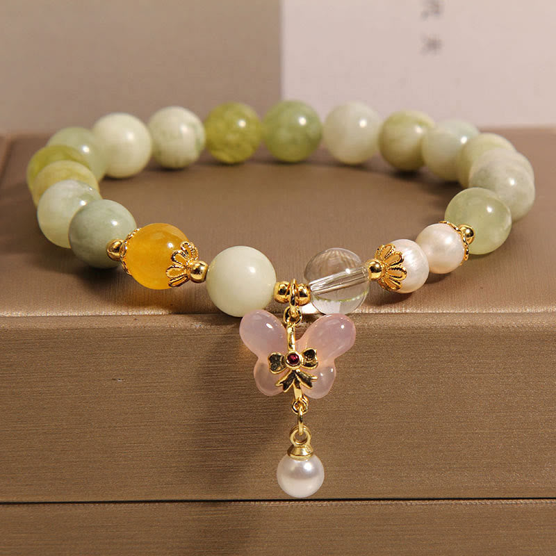 Pulsera de la suerte con Buddha Stones, mariposa natural, serpentina, jade y ágata Yanyuan - Jade serpentino (circunferencia de la muñeca: 16-18 cm) - image 1