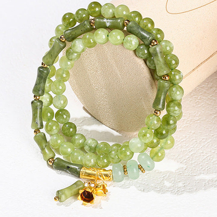 Pulsera de fuerza retro multicapa con Buddha Stones, lirio de los valles, bambú y calcedonia verde - image 5