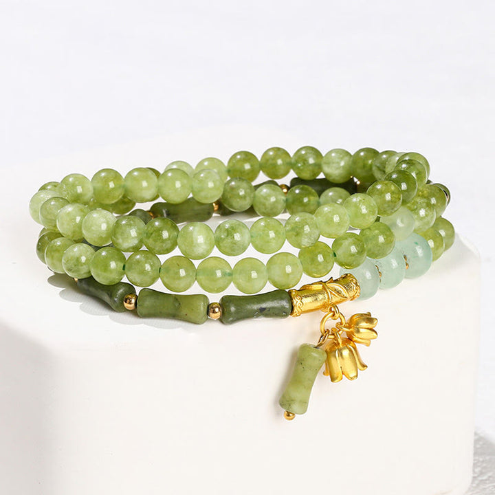 Pulsera de fuerza retro multicapa con Buddha Stones, lirio de los valles, bambú y calcedonia verde - image 4