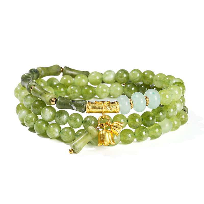 Pulsera de fuerza retro multicapa con Buddha Stones, lirio de los valles, bambú y calcedonia verde - image 8