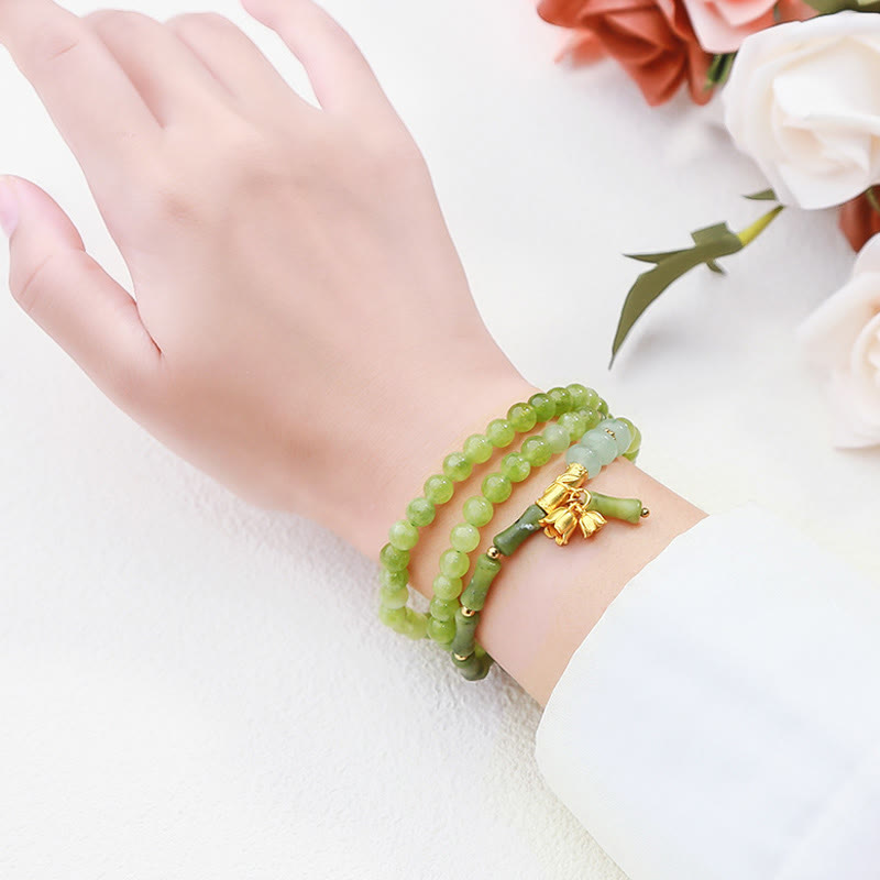 Pulsera de fuerza retro multicapa con Buddha Stones, lirio de los valles, bambú y calcedonia verde - image 9