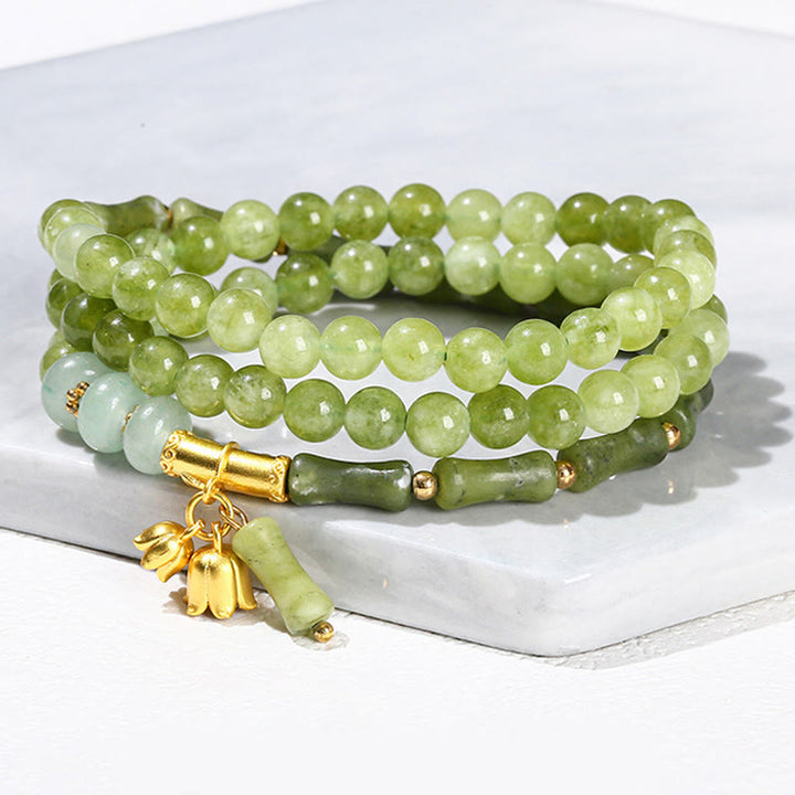 Pulsera de fuerza retro multicapa con Buddha Stones, lirio de los valles, bambú y calcedonia verde - image 7