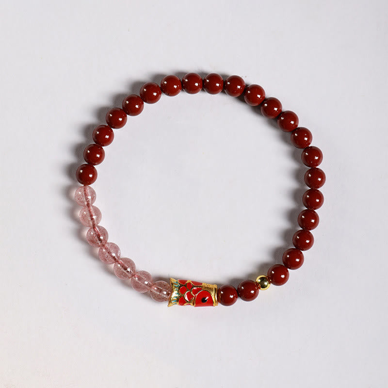 Pulsera de bendición de peces koi de la suerte con cuarzo fresa y cristal rosa cinabrio natural de Buddha Stones - image 2