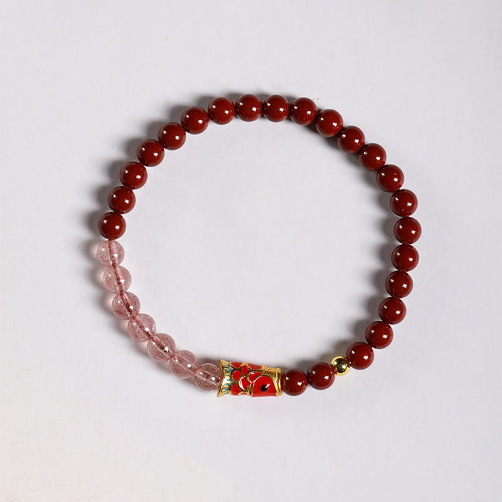 Pulsera de bendición de peces koi de la suerte con cuarzo fresa y cristal rosa cinabrio natural de Buddha Stones - image 2