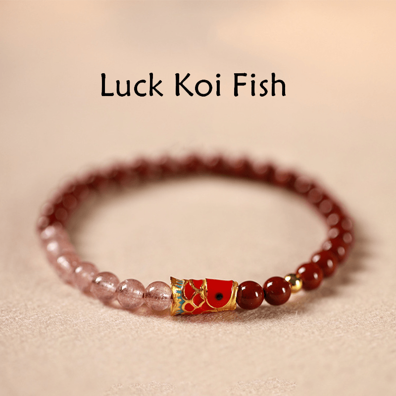 Pulsera de bendición de peces koi de la suerte con cuarzo fresa y cristal rosa cinabrio natural de Buddha Stones - Cinabrio de 5 mm, cuarzo fresa y koi grande - image 1