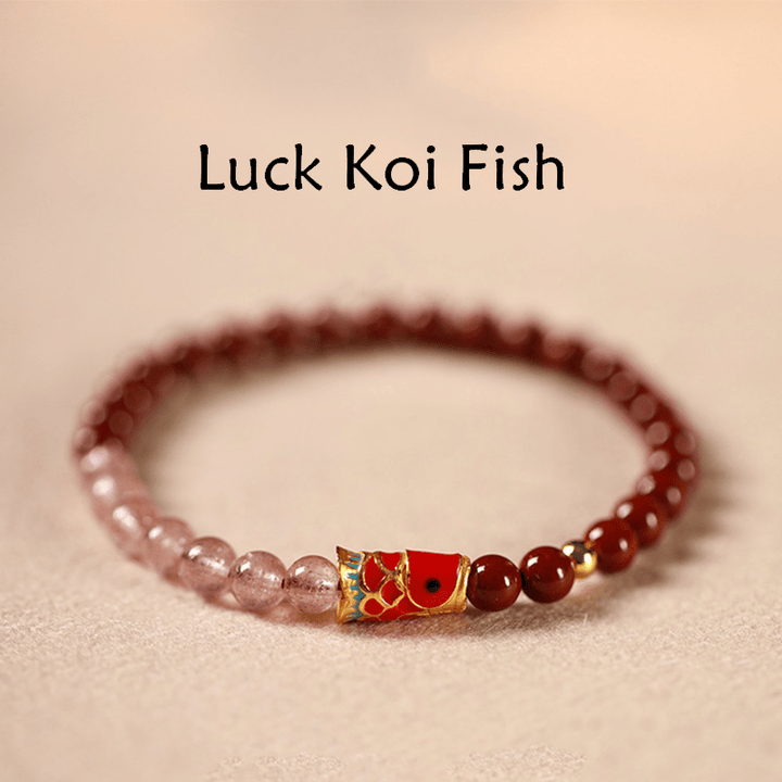Pulsera de bendición de peces koi de la suerte con cuarzo fresa y cristal rosa cinabrio natural de Buddha Stones - Cinabrio de 5 mm, cuarzo fresa y koi grande - image 1
