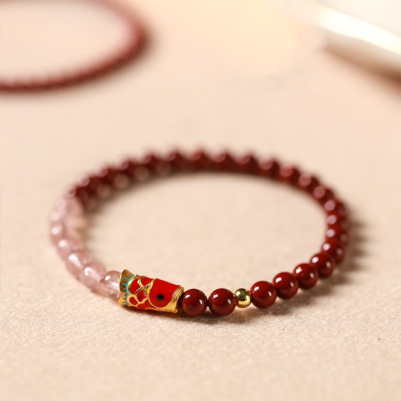 Pulsera de bendición de peces koi de la suerte con cuarzo fresa y cristal rosa cinabrio natural de Buddha Stones - image 3