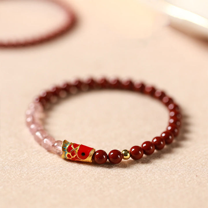 Pulsera de bendición de peces koi de la suerte con cuarzo fresa y cristal rosa cinabrio natural de Buddha Stones - image 3