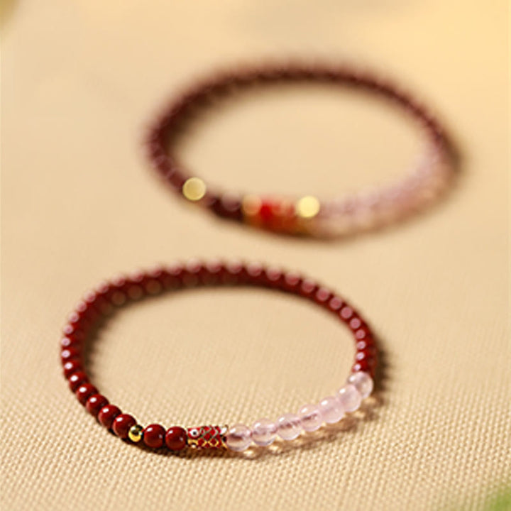 Pulsera de bendición de peces koi de la suerte con cuarzo fresa y cristal rosa cinabrio natural de Buddha Stones - image 14