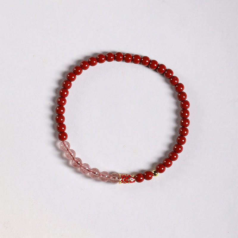 Pulsera de bendición de peces koi de la suerte con cuarzo fresa y cristal rosa cinabrio natural de Buddha Stones - Cinabrio de 4 mm, cuarzo fresa y carpas koi pequeñas - image 10
