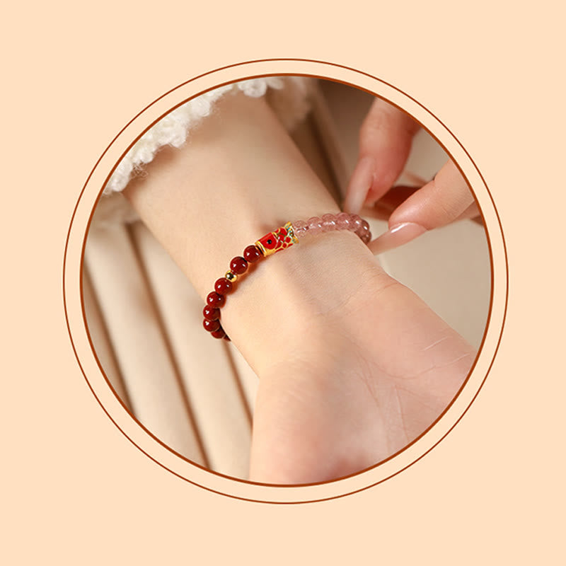 Pulsera de bendición de peces koi de la suerte con cuarzo fresa y cristal rosa cinabrio natural de Buddha Stones - image 6