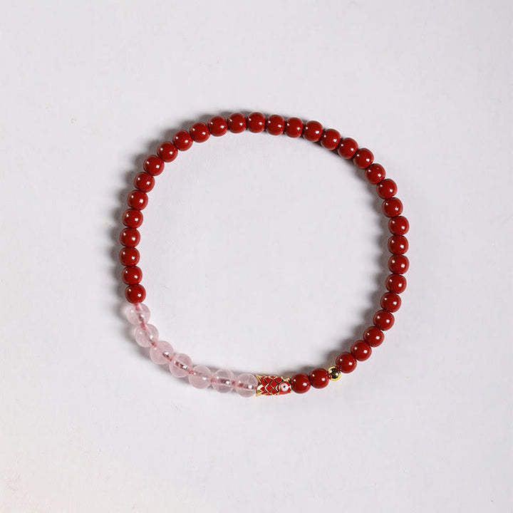 Pulsera de bendición de peces koi de la suerte con cuarzo fresa y cristal rosa cinabrio natural de Buddha Stones - Cinabrio de 4 mm y cristal rosa y koi pequeño - image 12
