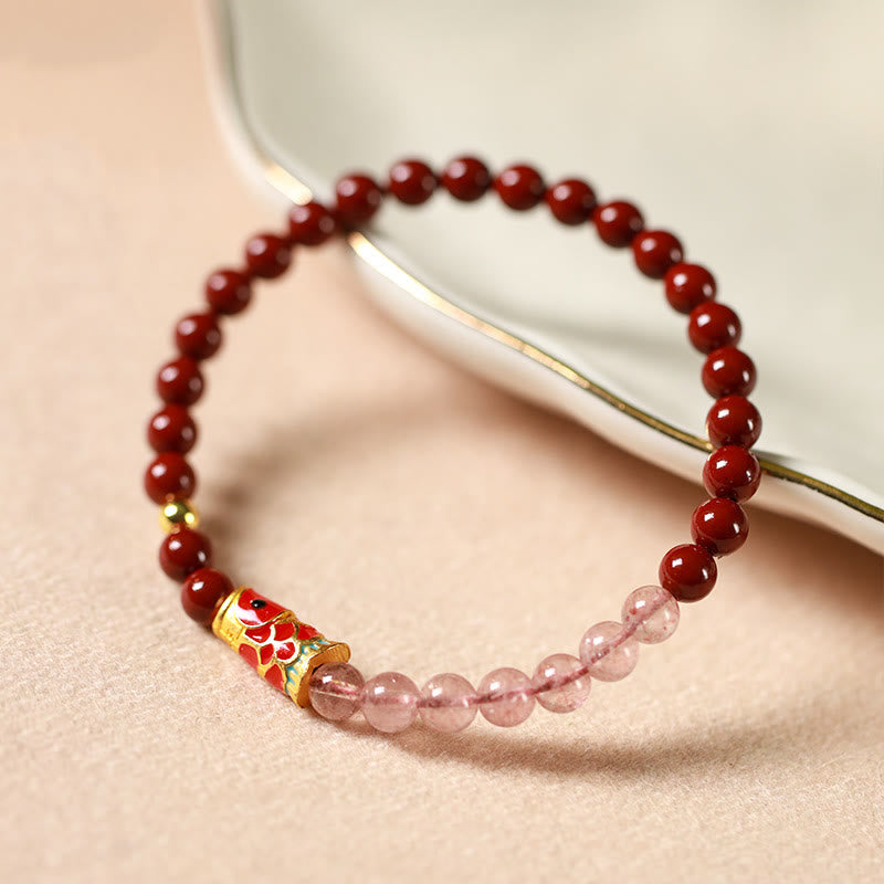 Pulsera de bendición de peces koi de la suerte con cuarzo fresa y cristal rosa cinabrio natural de Buddha Stones - image 1