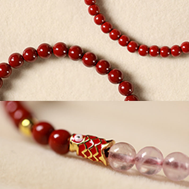 Pulsera de bendición de peces koi de la suerte con cuarzo fresa y cristal rosa cinabrio natural de Buddha Stones - image 17