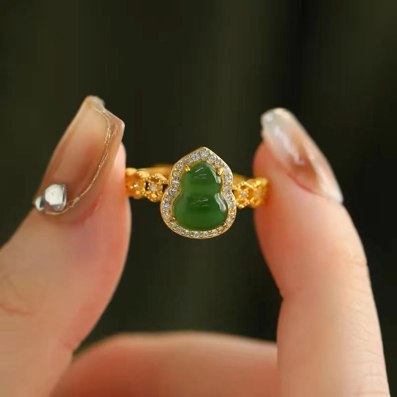 Anillo de riqueza ajustable con Buddha Stones, calabaza vintage, calcedonia verde, chapado en cobre y oro